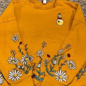 Disney Yellow Sweater with Floral and Winnie the Pooh Character Design
